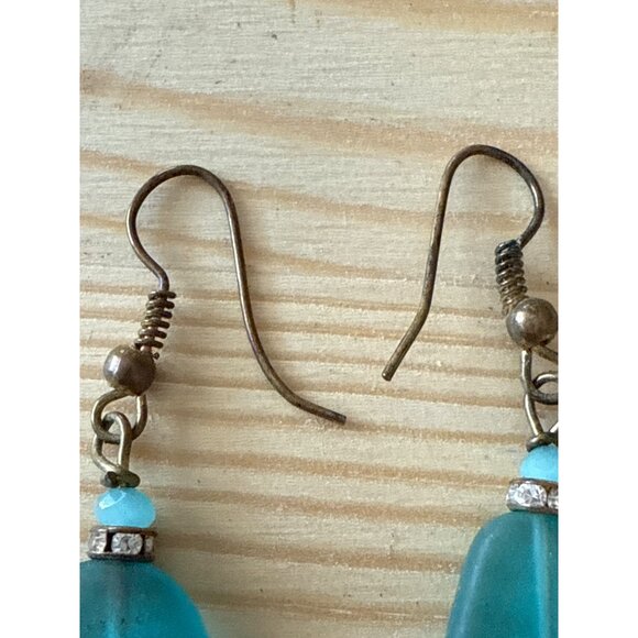 Blue Dangle Earrings With Rhinestone Accents & Bronze Hooks - Picture 2 of 5